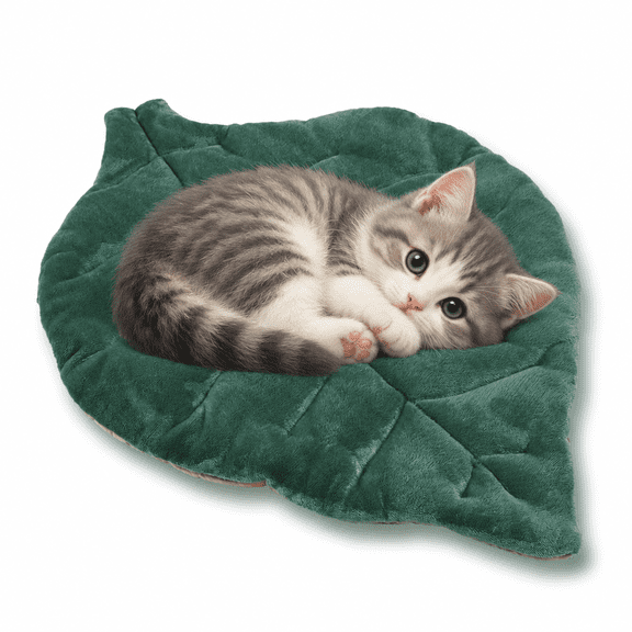 Cat Mat Self-Warming, 26" x 20" Leaf-Shaped Soft Cotton Pet Bed, Cozy Thermal Cushion Blanket for Cats and Small Dogs, Indoor Use on Beds, Couches, Sofas and Floors, Green