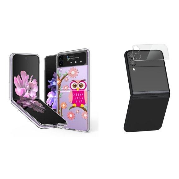 Bemz Premium Bundle for Samsung Galaxy Z Flip 3 5G: Slim Snap-On Protector Case (Cute Pink Owl), Rear Camera Glass Protector