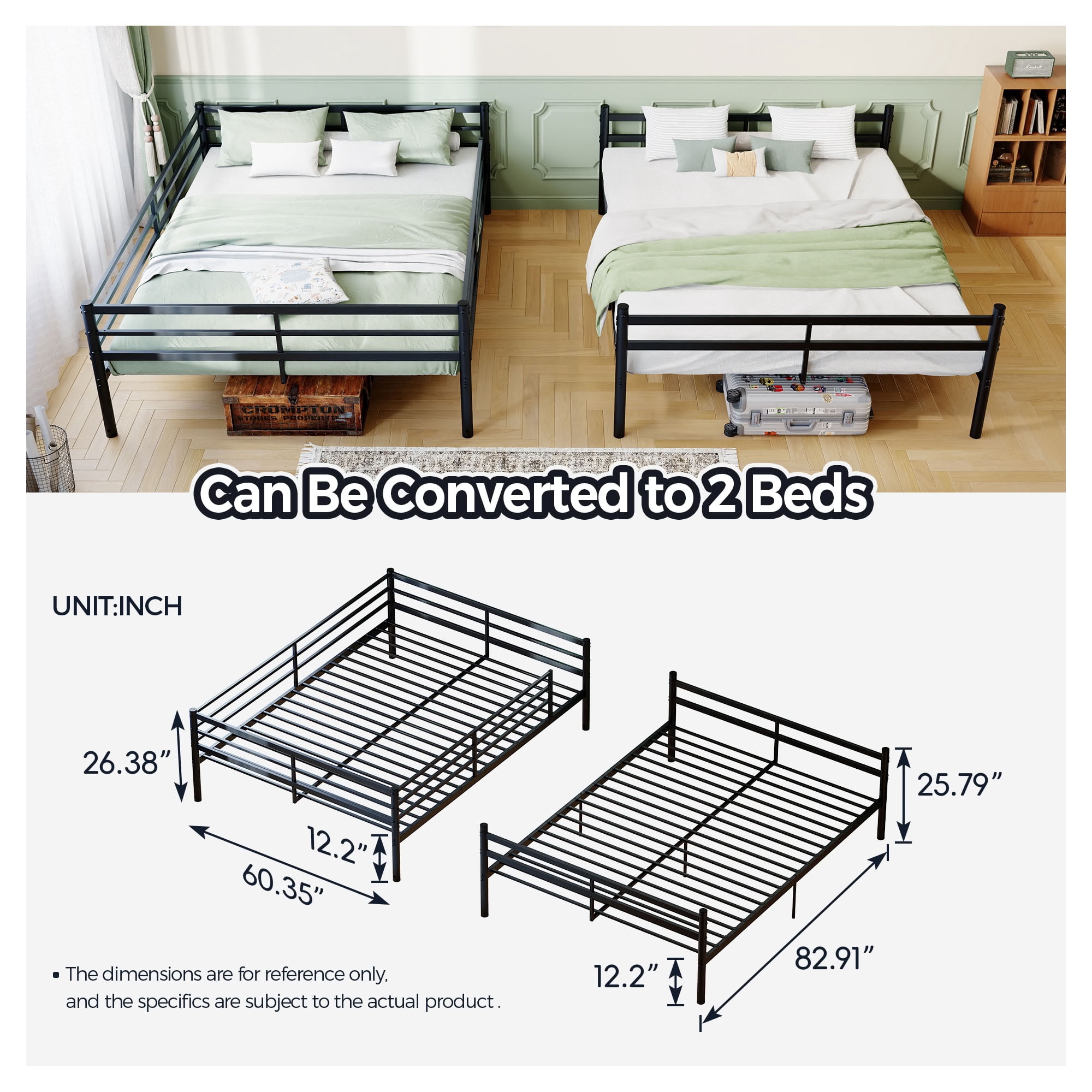 MAYEERTY Queen Over Queen Bunk Bed with Ladder and High Guardrails, Heavy Duty Metal Bed Frame Supports 550 lbs, Space-Saving Storage for Kids Teens Adults
