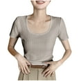 thumbnail image 2 of Olyvenn Women's Short Sleeve Scoop Neck T-Shirt Slim Fit Ribbed Knit Casual Tops 2025 Summer Basic Fitted Blouse Coffee XL, 2 of 3