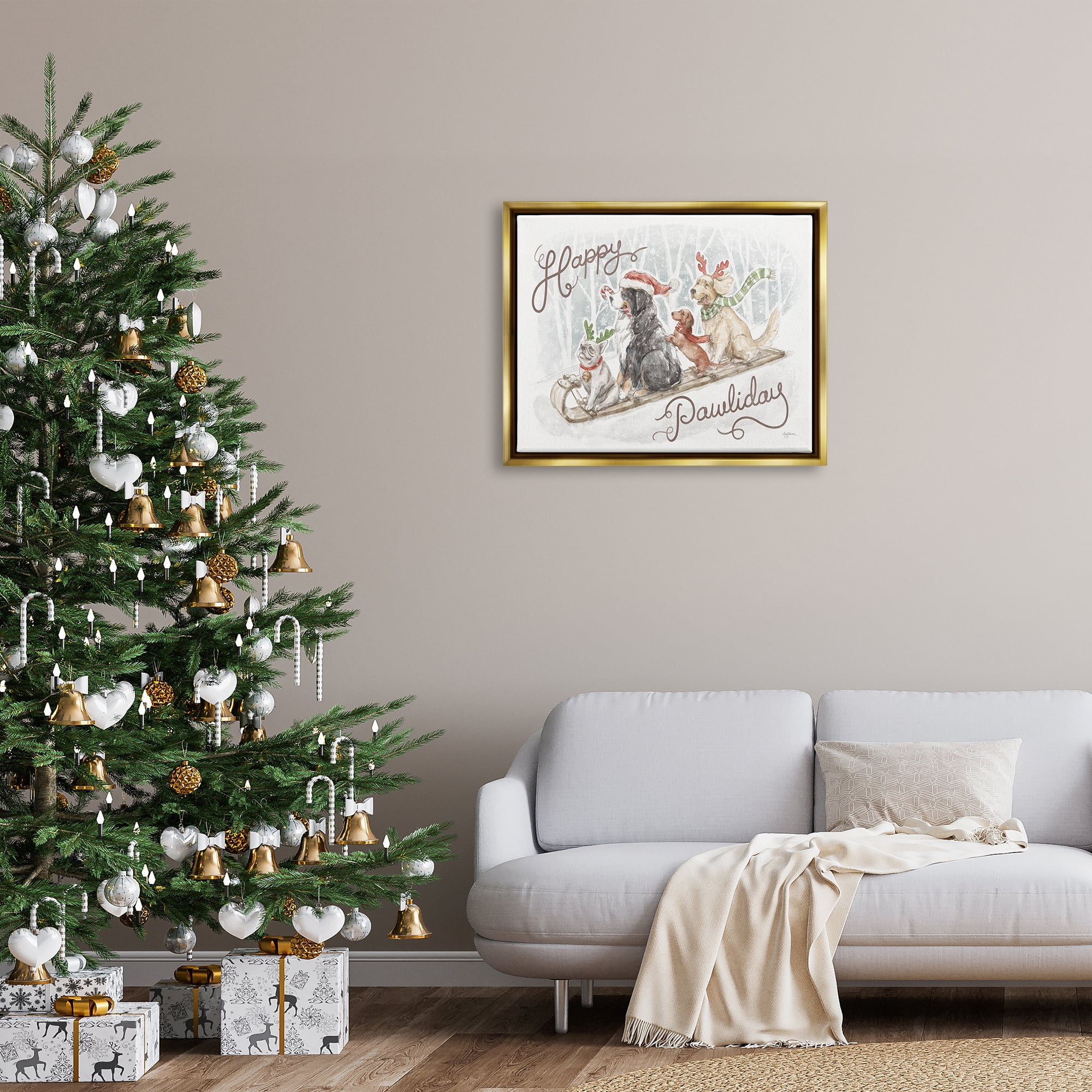 Stupell Industries Happy Pawliday Dogs Holiday Painting Gold Floater Framed Canvas Art Print Wall Art, 31 x 25