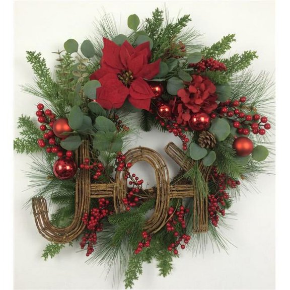 Mr. MJs Trading AI-FL7083 Twig Joy on Greens Red Balls Berries & Poinsettia Wreath