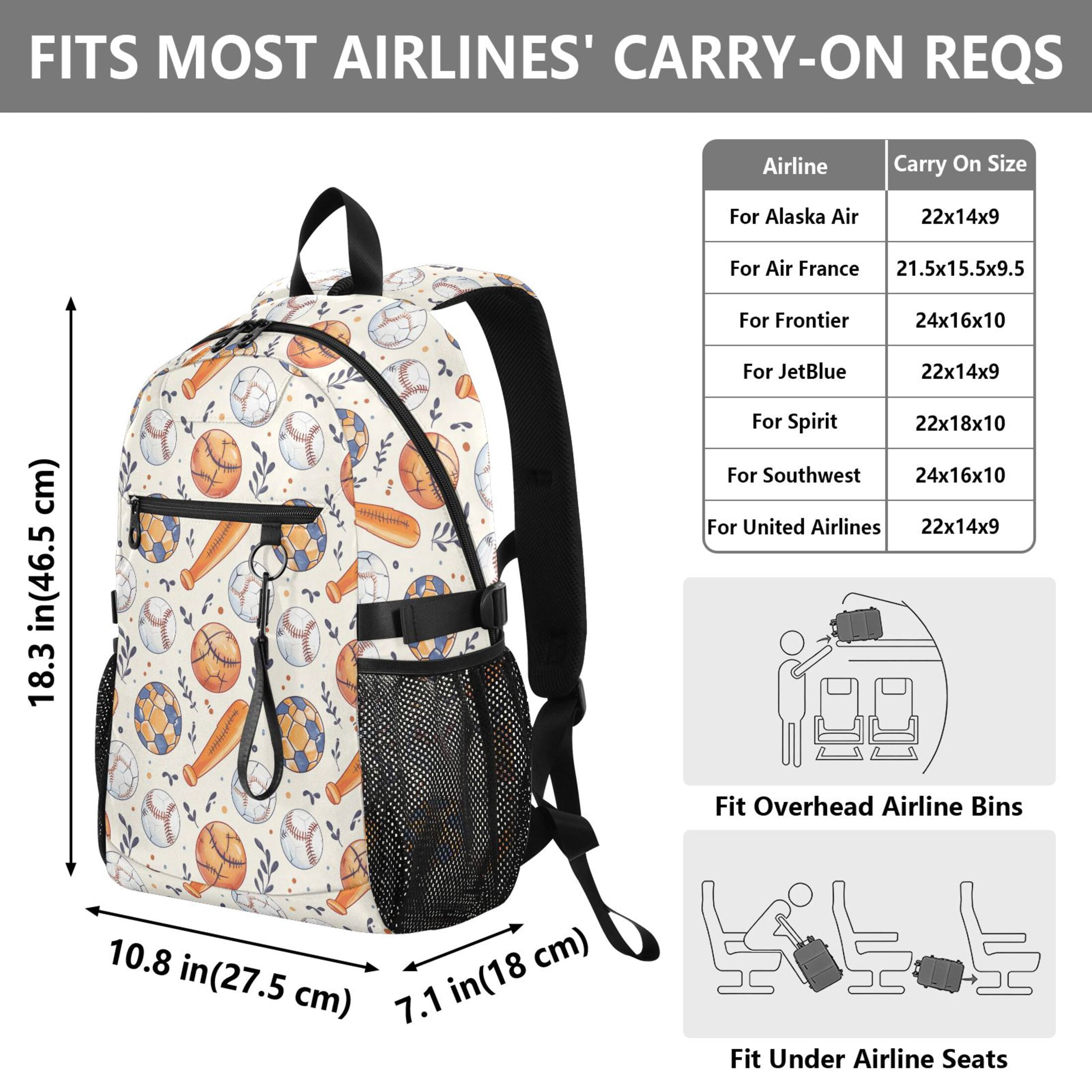JIALIOU 14" Laptop Backpack Waterproof Airline Approved Stylish Casual Daypack for Travel Business College Work, Baseball Bats Soccer Basketball