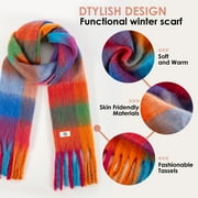 REDESS Winter Scarf for Women Soft Plaid Pattern Cozy Warm Tassel Blanket Shawl Wrap,Plaid Blue