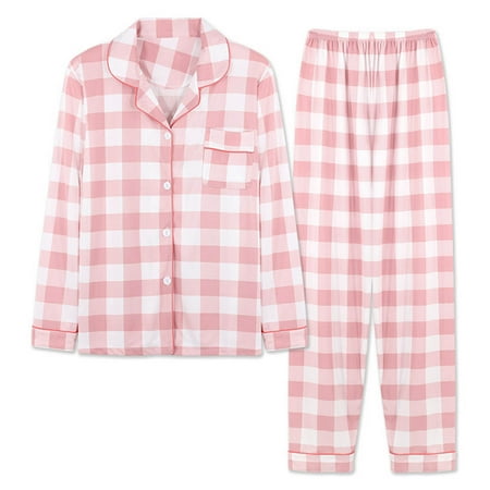 Aboser Women Pajamas Set Notch Collar Soft Sleepwear Pjs Comfy Plaid Print Pajama Sets Long Sleeve Button Down Nightwear with Long Pants