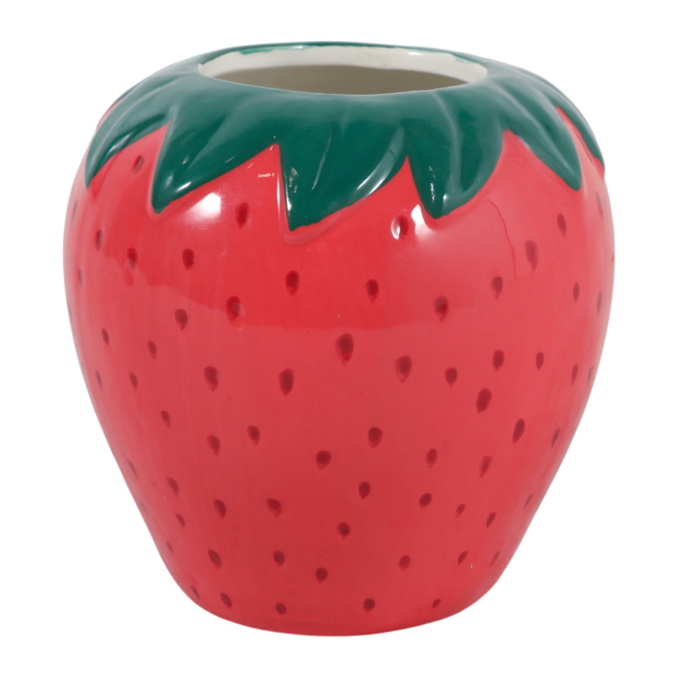 Decorative Ceramic Strawberry Pencil Cup for Desk Organization - Small Desktop Office Storage Organizer for Workspace Decor - Modern Desk Accessory for Home Decor Display - 4", Red & Green