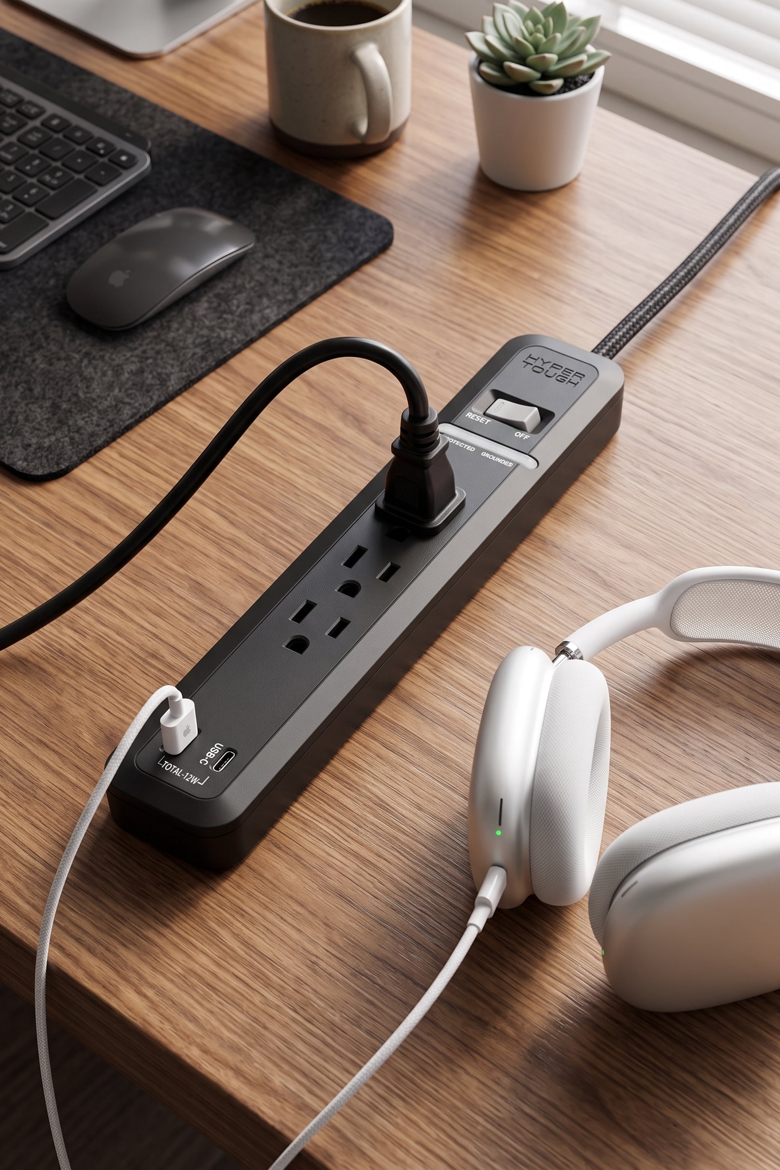 Hyper Tough 3-Outlet Power Strip with USB-A & USB-C, 6 Ft Extension Cord, Black