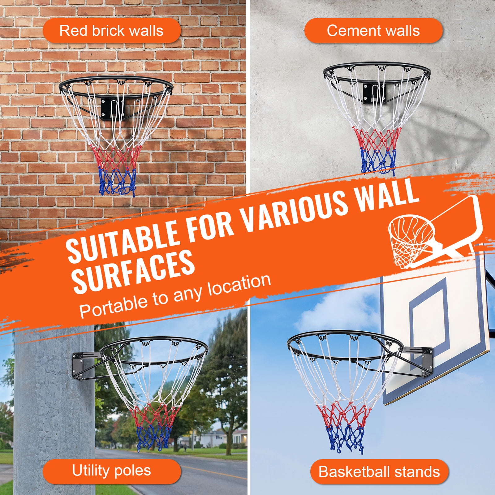 KFFKFF Basketball Ring, Door or Wall Mountable Basketball Basket, Robust Q235 Basketball Flexible Ring Goal Substitute with Net and Twin Spring, 18" Indoor Outdoor Suspended Hoop for Children Adults