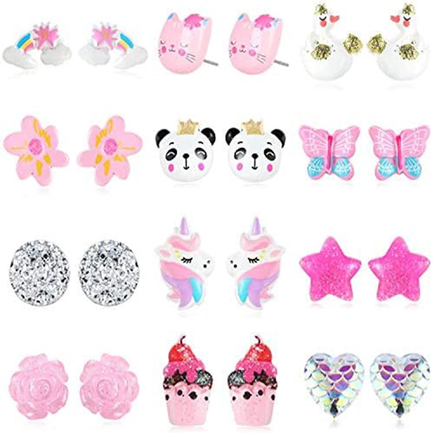 PinkSheep 12 Pair Stud Earrings Set for Little Girls, Kids Stud Earring Unicorn Flower Star Earrings