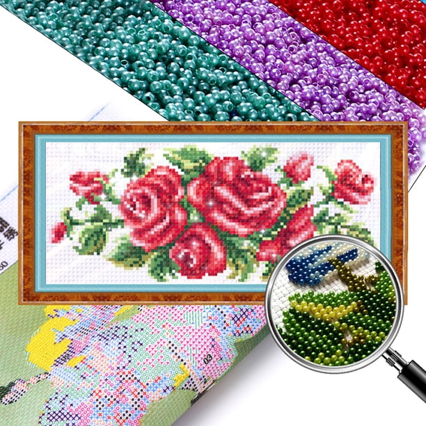 (11) Bordado No Impresión 9CT Cuentas Perlas Imitación Coloridas Punto Cruz Tamaño Del Núcleo 31*13cm Kit Serie Flores Con Bordado Cuentas Rosa Durmiente