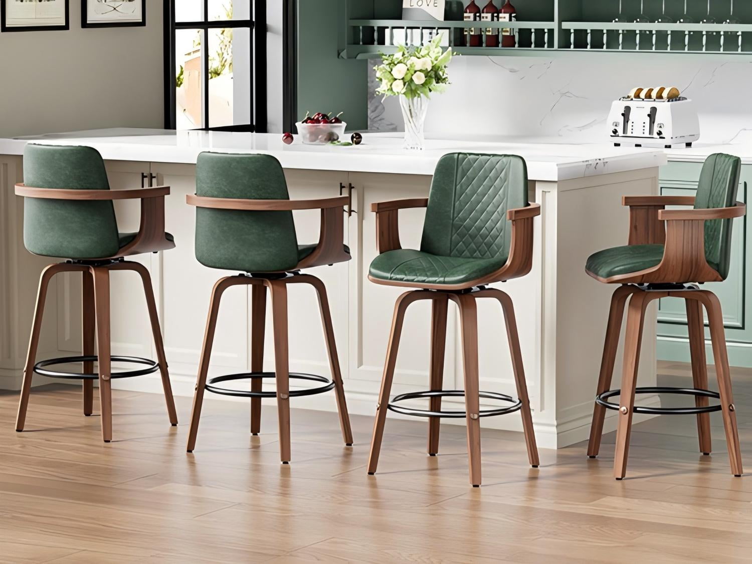LainTene Bar Stools Set of 3, 26" Bentwood Barstools with Arms High Back, Mid-Century Modern Counter Height Swivel Bar Chairs for Kitchen Island