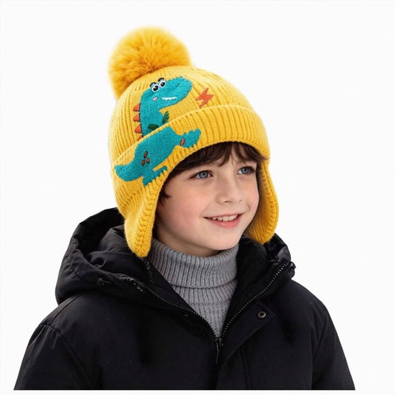 Hessimy Kids Dinosaur Embroidered Knit Pom Beanie with Earflaps,Winter Warm Hat for Kids