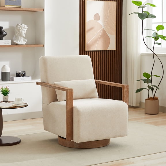 FFZ 360-Degree Swivel Accent Chair with Solid Wood Armrests and Linen Blend Fabric, Beige