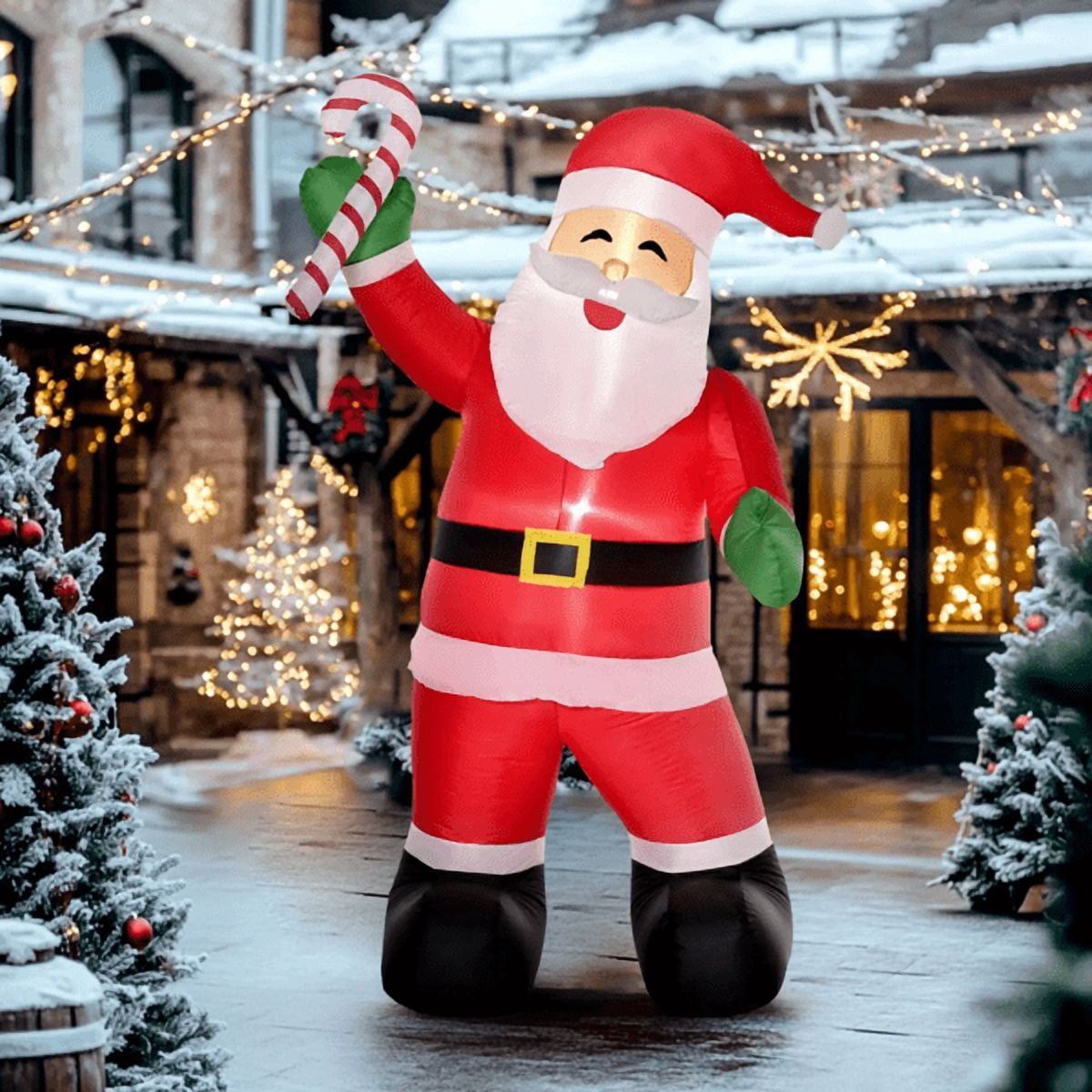 8FT Inflatable Santa Claus with Candy Cane - 2 Sets Warm White LEDs, Weather-Resistant Polyester, 9.8ft Cord, Indoor/Outdoor Holiday Decor