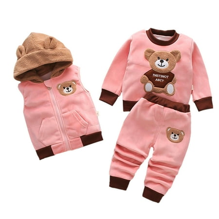 

Rovga Baby Clothes For Girls Kids 3 Pieces Solid Color Bear Print Pullover Sweatshirt Hooded Zipper Vest Pants Winter Outfits Soft Daily Playsuit Light Pink 6-12 Months
