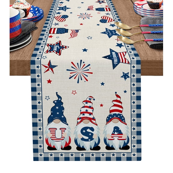 4th of July Gnomes Table Runner 70 Inches, Independence Day USA Flag Blue Plaid Bed Runner Dresser Scarves Tabletop for Indoor Outdoor Parties/Ceremony/Banquet, 13" x 70"