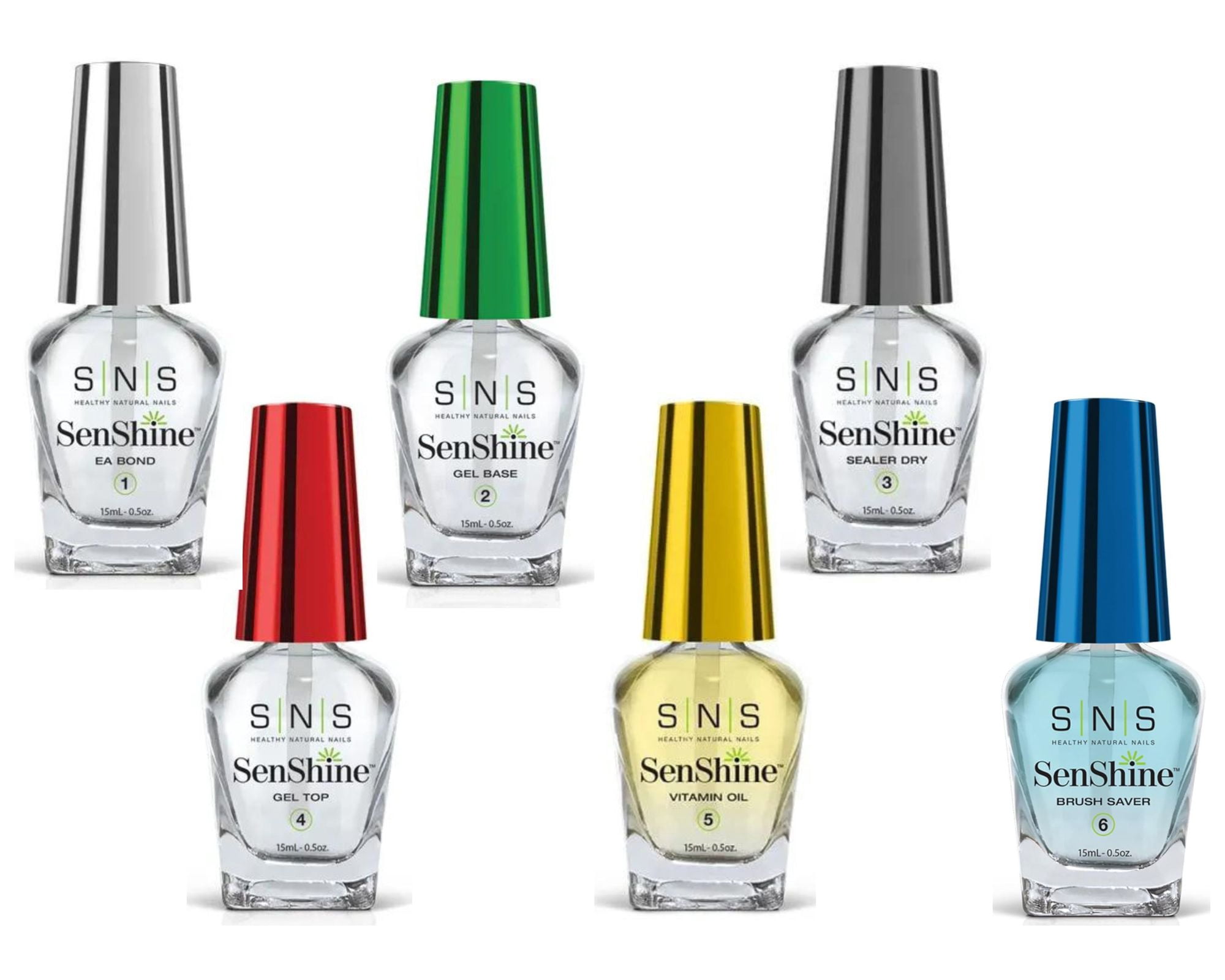 SNS SenShine Bases & Sealers ( E.A Bond,Gel Base,Sealer Dry,Gel Top,Vitamin Oil ,Brush Saver ) - 6 Bottle SET - 0.5 oz each