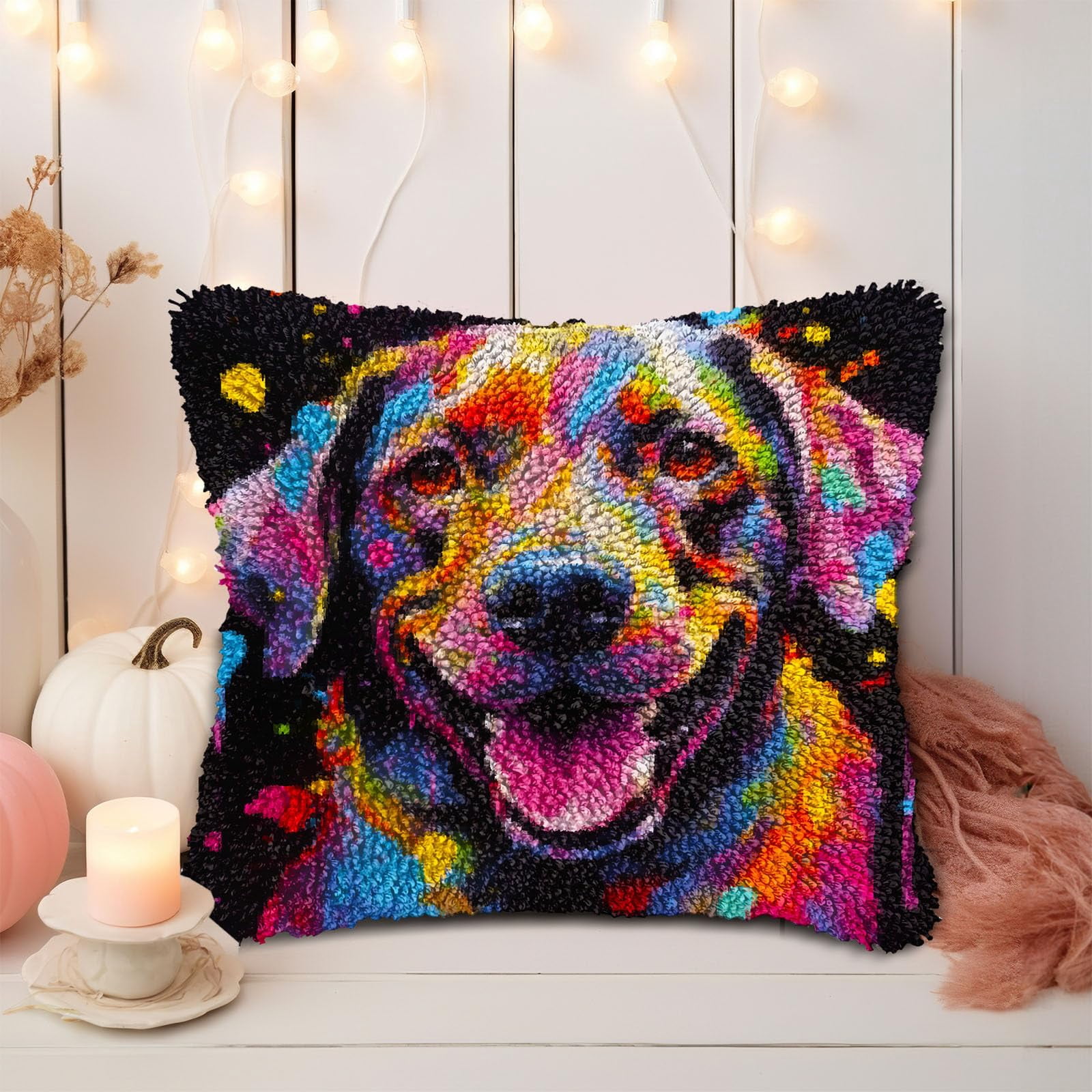 Colorful Labrador Retriever DIY Latch Hook Pillow Kits for Adults Printed Pillowcase Crochet Yarns Hooking Handmade Pillow Cover Cushion for Home Sofa Decoration 17x17inch(2)