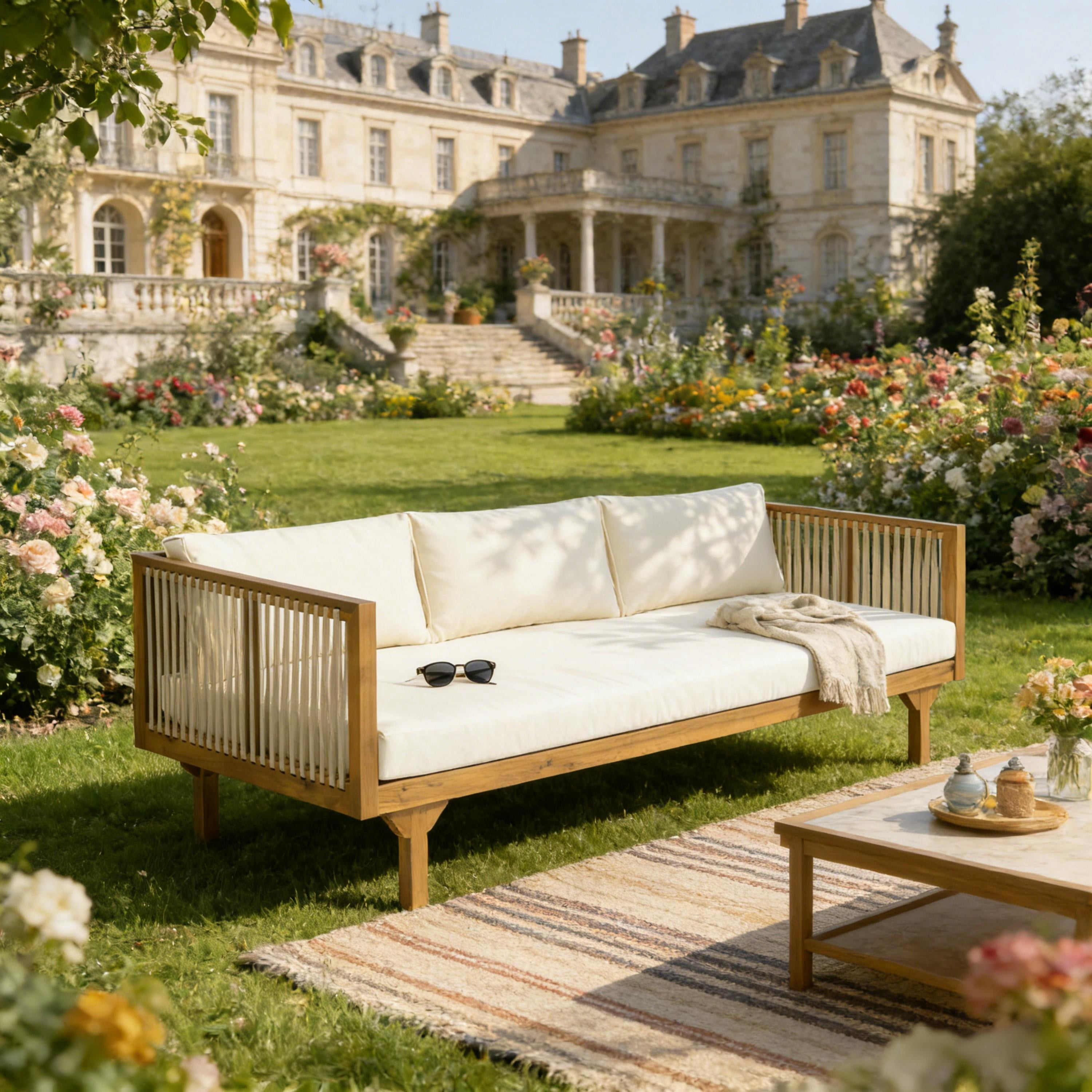 Patio Sofa, Outdoor Beige Cushions Sofa with Light Brown Rope Acacia Wood for Garden Deck, Teak