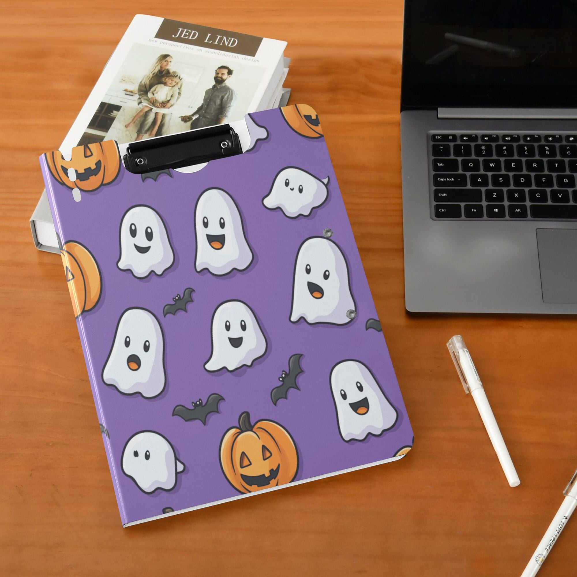 FORMRS A4 Clipboard Folder with Pen Holder Horizontal Foldable School Office Binder, Halloween Ghosts Purple