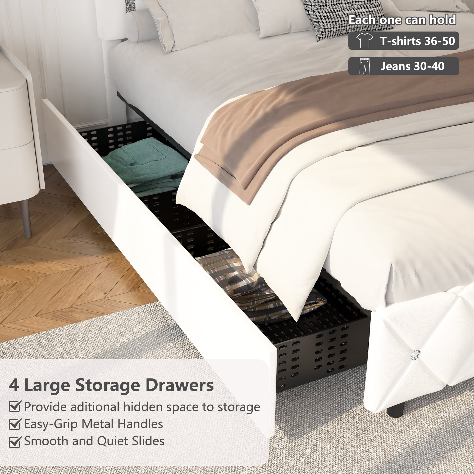 4 EVER WINNER King Size LED Bed Frame with Storage, Upholstered Platform Bed with 4 Drawers, Adjustable LED Lights Headboard, White