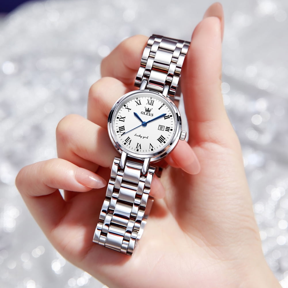 OLEVS Watches for Womens Analog Quartz Silver Strap Fashions Classic Dress Stainless Steel Date Waterproof Casual Ladies Watches Gift Womens Wrist Watches Reloj Para Mujer White/Pink/Purple