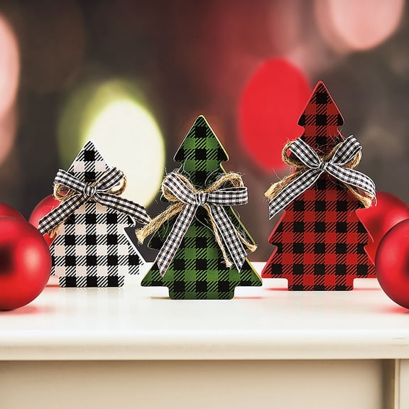 Lillian Vernon Buffalo Plaid Wood Christmas Trees - Set of 3, Decorative Holiday Tabletop Home Decor, 5.5 Inches Tall, Shelf Sitter