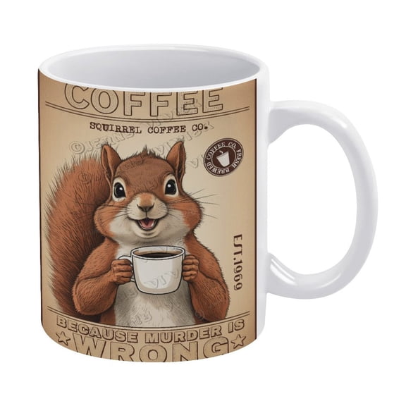 Funny Coffee Mug - Squirrel Decor Coffee Because Murder Is Wrong Mug - 330 ml / 11 oz White Ceramic Cup - Tea Cup for Xmas Party