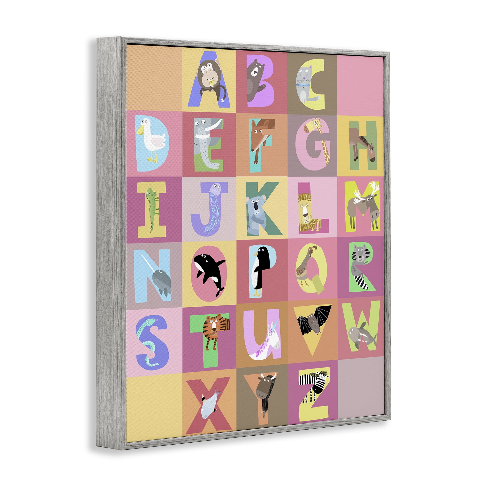 Stupell Industries Animal Alphabet in Pink Gray Framed Giclee Art, design by Carla Daly