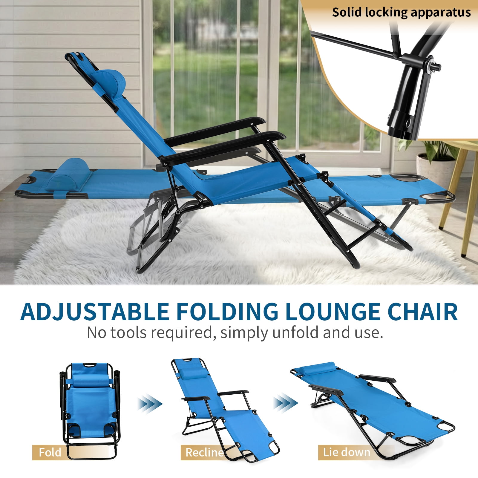 UBesGoo 2-Position Adjustable Backrest Chaise Chair, Lightweight Tanning Chair with Pillow, Sun Recliner for Indoor Outdoor - Blue