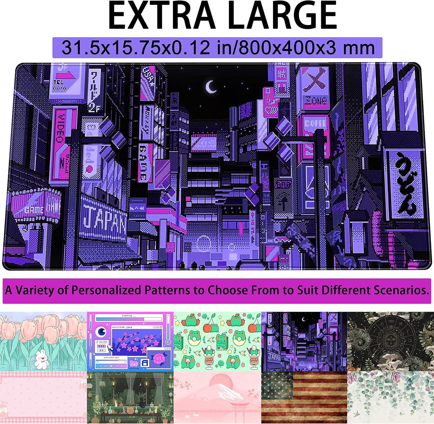 Tokyo Street Desk Pad Purple, Cute Retro Large Gaming Mouse Pad, Japanese Anime Laptop Keyboard Mouse Mat XXL, Aesthetic Neon Pixel Skyline/City Desk Mat, Desk Decor Pads for Women 31.5"x15.75"
