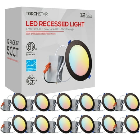 

TORCHSTAR 12 Pack 6 Inch 5CCT Dimmable Ultra-Thin LED Recessed Light with J-Box 2700K/3000K/3500K/4000K/5000K Selectable