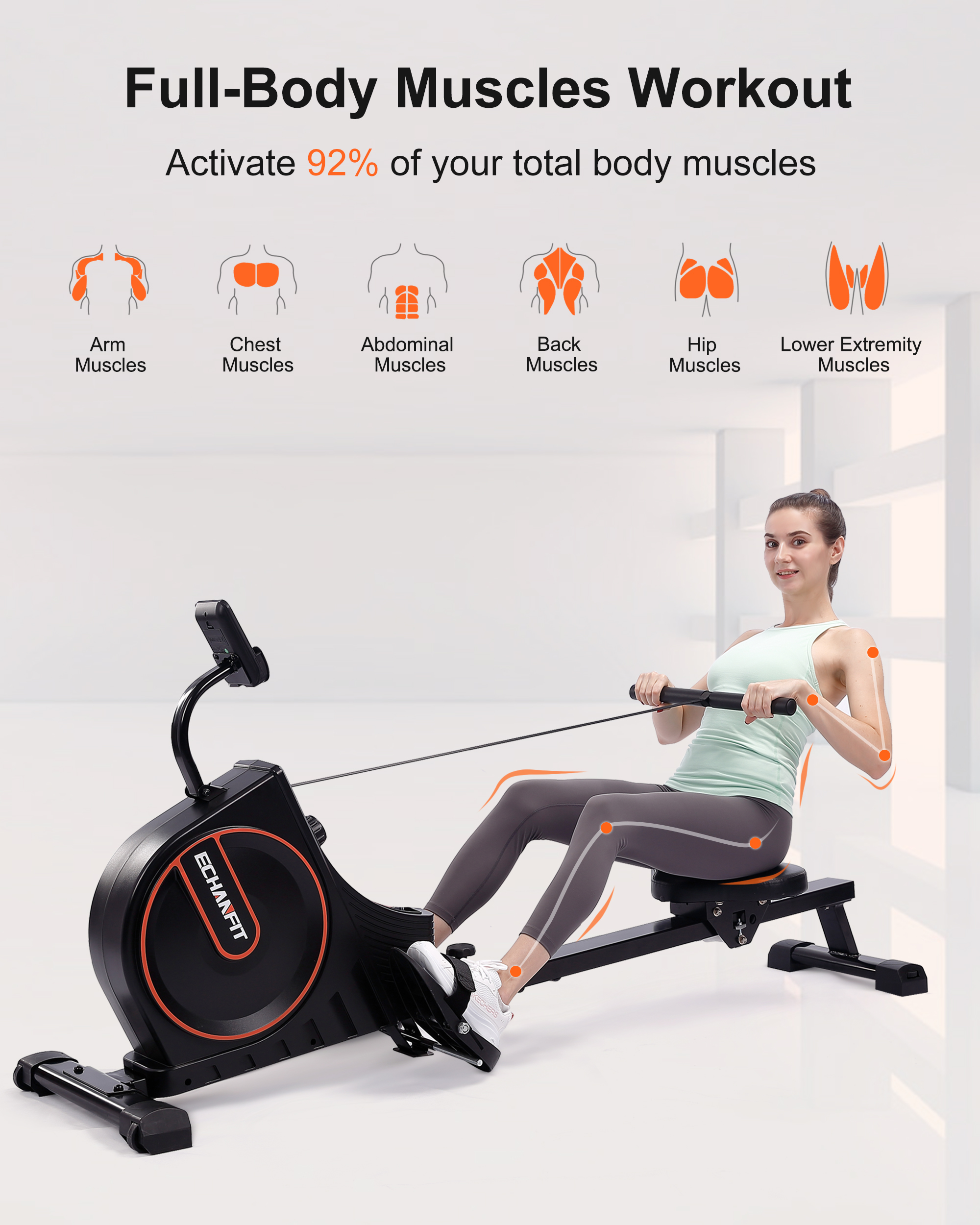 ECHANFIT R49 Magnetic Rowing Machine, Black, 350 lb