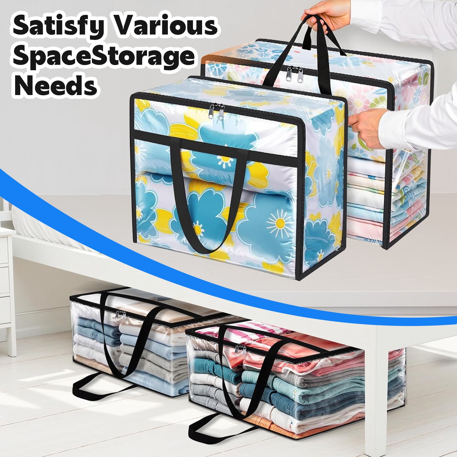 Godance 4 Pack Clear Clothes Storage Bags, 60L Plastic Blanket Storage Bags, Vinyl Foldable Moving Bags with Zipper, Closet Organizers and Storage Containers for Bedding, Comforters, Clothing, Toys