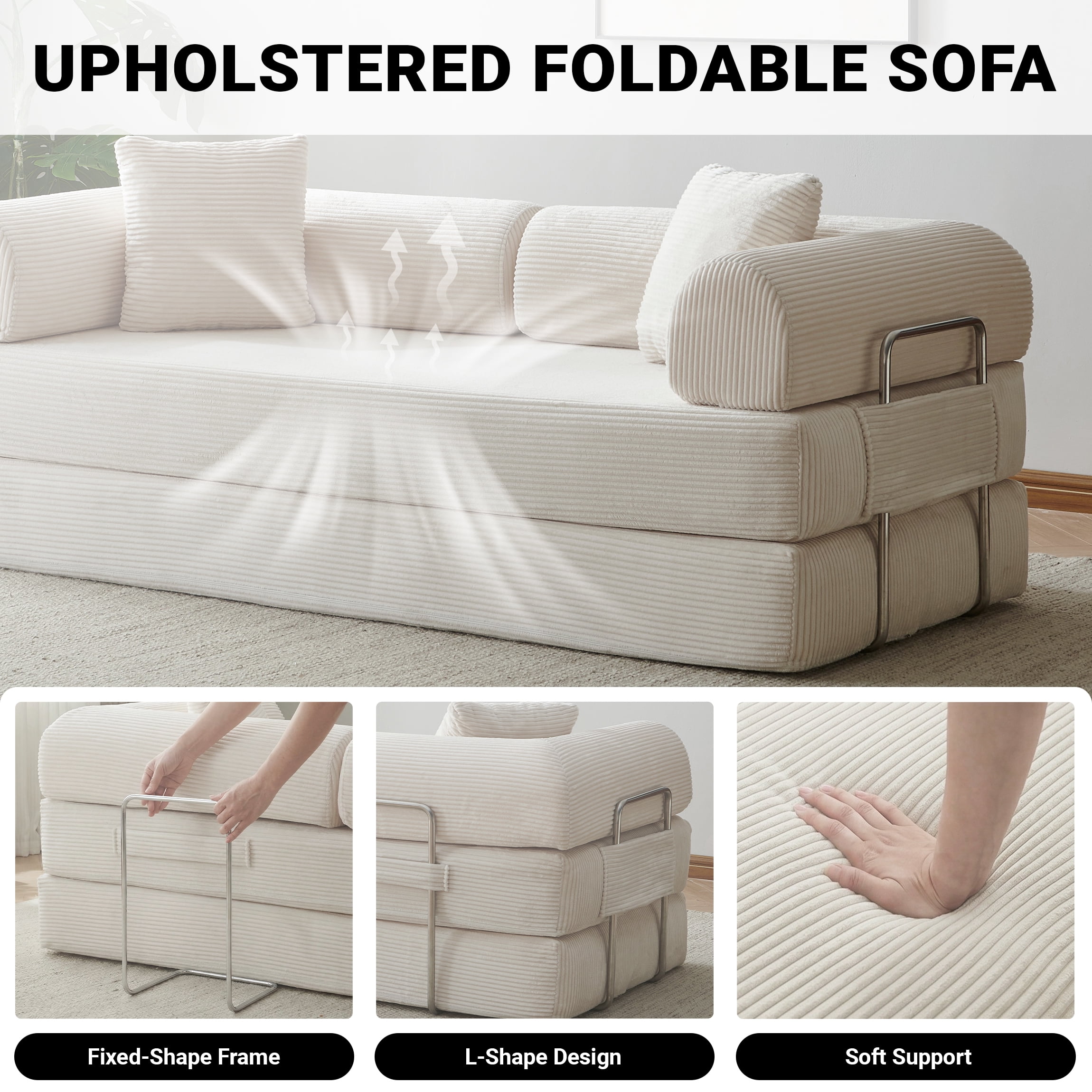 Vanress 78" Convertible Sofa Bed, Folding Sleeper Sofa Couch Bed with Fixed-Shape Frame, Pull-Out Sleeper Loveseat, Corduroy Boneless Futon Bed, No Assembly Required for Living Room & Bedroom, White