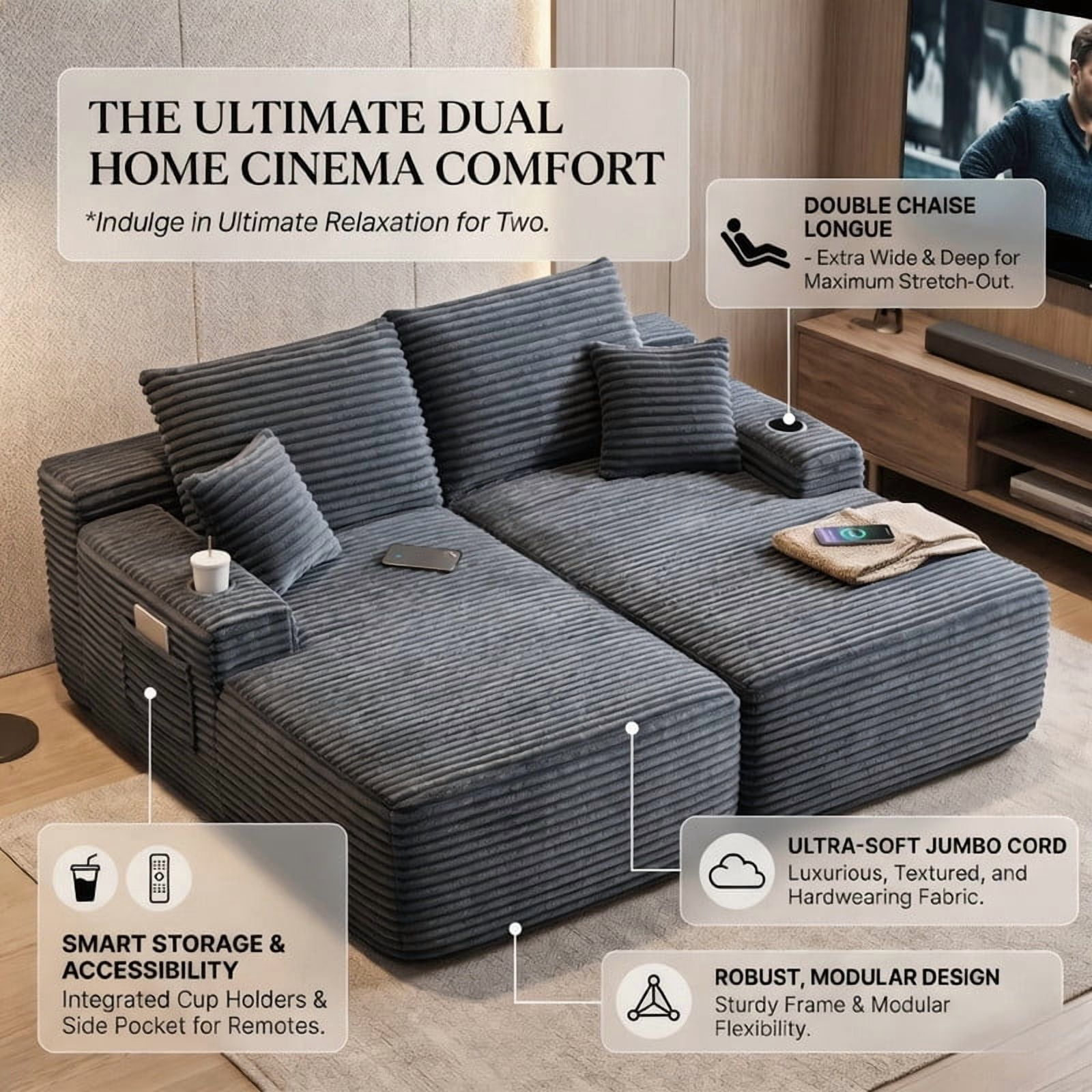69" Double Chaise Lounge Chair Indoor, Boneless Sofa Bed with Cup Holder Loveseat Sleeper Reading Chairs Comfy Cloud Sofas Couches for Living Room No Assembly Required Plush Corduroy Grey