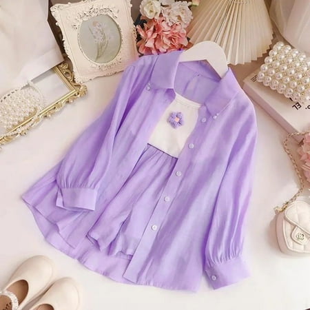 

Toddler Girls Outfit Sets Autumn Winter Long Sleeve Button Down Shirt Coat Tank Tops Shorts 3Pcs Holiday Wear