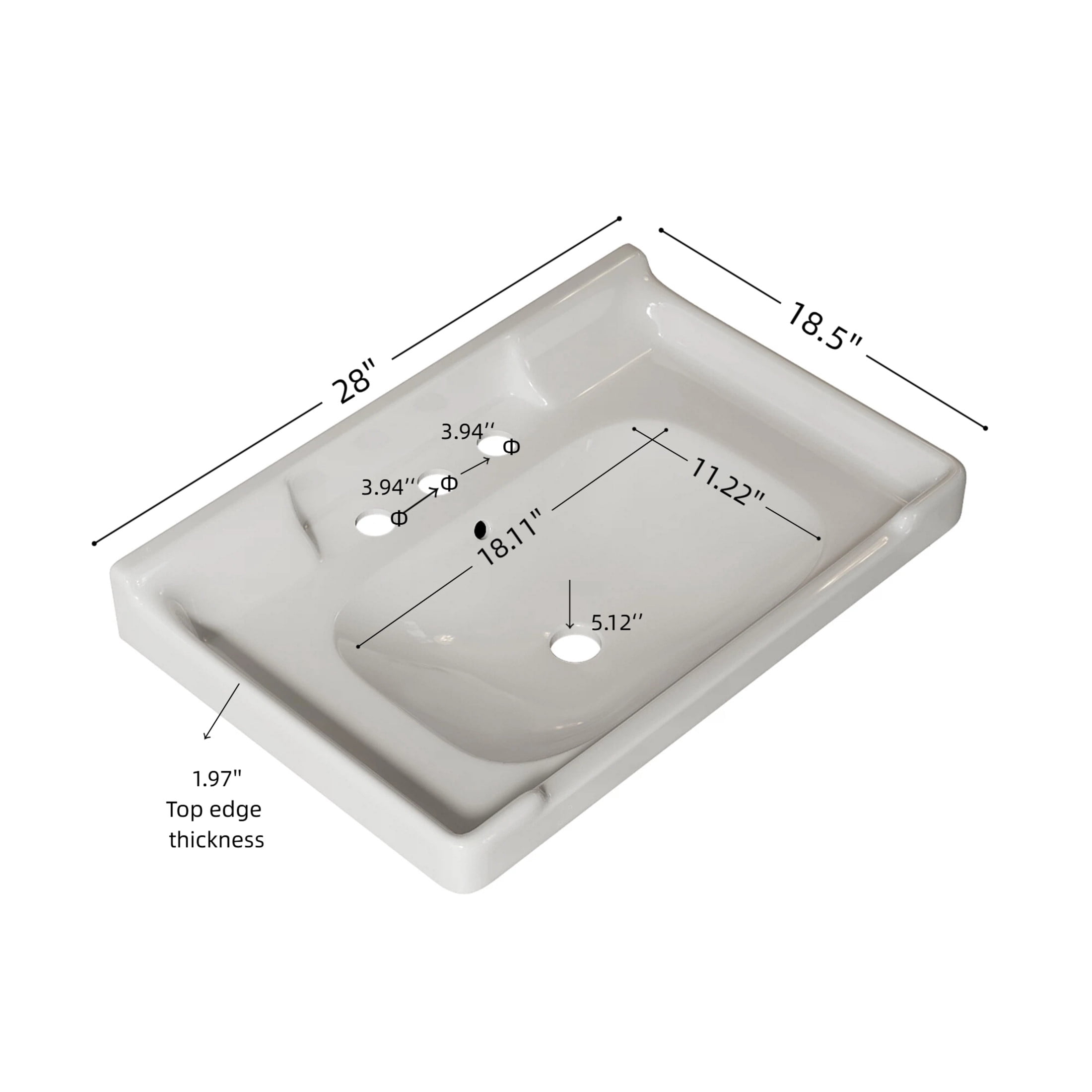 Noble House Vici 28" Bathroom Ceramic Basin Sink, 3 Faucet Holes with Wide Countertop Deck Toiletries Storage, White