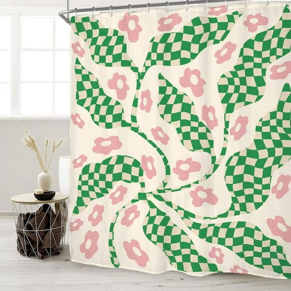 70s Groovy Funky Shower Curtain Set 72Wx72H Inches Colorful Retro Flower Checkered Modern Pastel Y2K Aesthetic Waterproof Bathroom Curtain with 12 Hooks