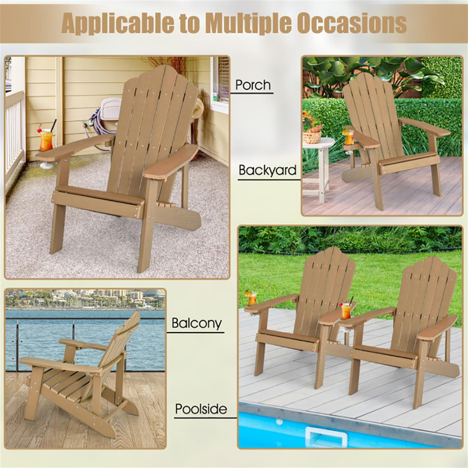 Spaco Outdoor Patio Weather Resistant HIPS Adirondack Chair with Cup Holder for Garden, Balcony, Poolside, Brown