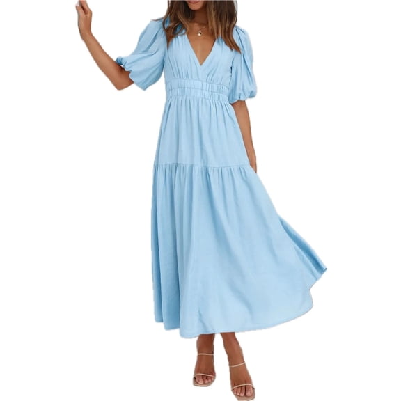 Women's V Neck Puff Sleeve Midi Dress with Ruched Detail Lined Body Lightweight Fabric 95% Polyester 5% Spandex