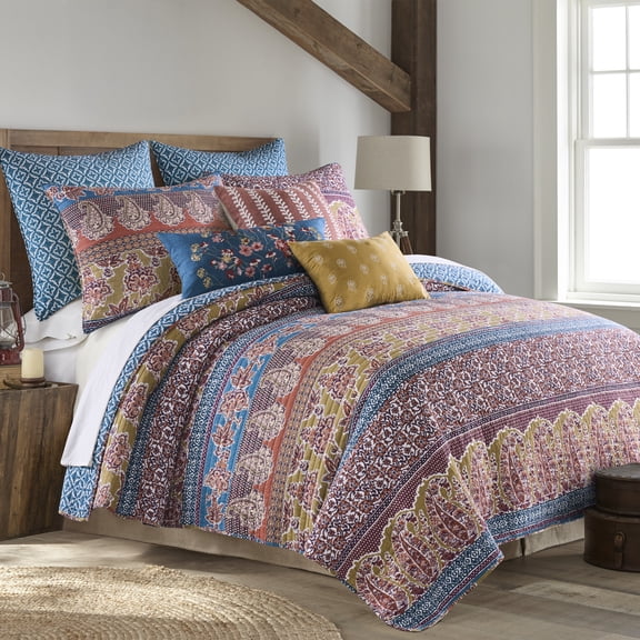Levtex Home - Kirana Full/Queen Quilt Set - Full/Queen Quilt (88x92in) and Two Standard Shams (20x26in) - Boho Patchwork Floral and Paisley Design - Reversible - Cotton
