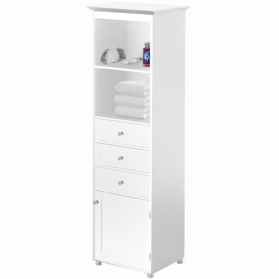 Tall Freestanding Storage Organizer Linen Tower, Vanity Closet, Bathroom Cabinet with 2 Open shelves, 3 Drawers, and a