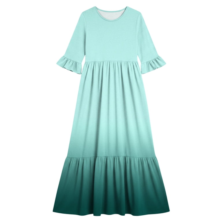FAIOROI Girls Boho Tiered Maxi Dress with Pockets Ombre Summer Casual 3/4 Sleeve Mint Green,Size 9-10 T, Girl's
