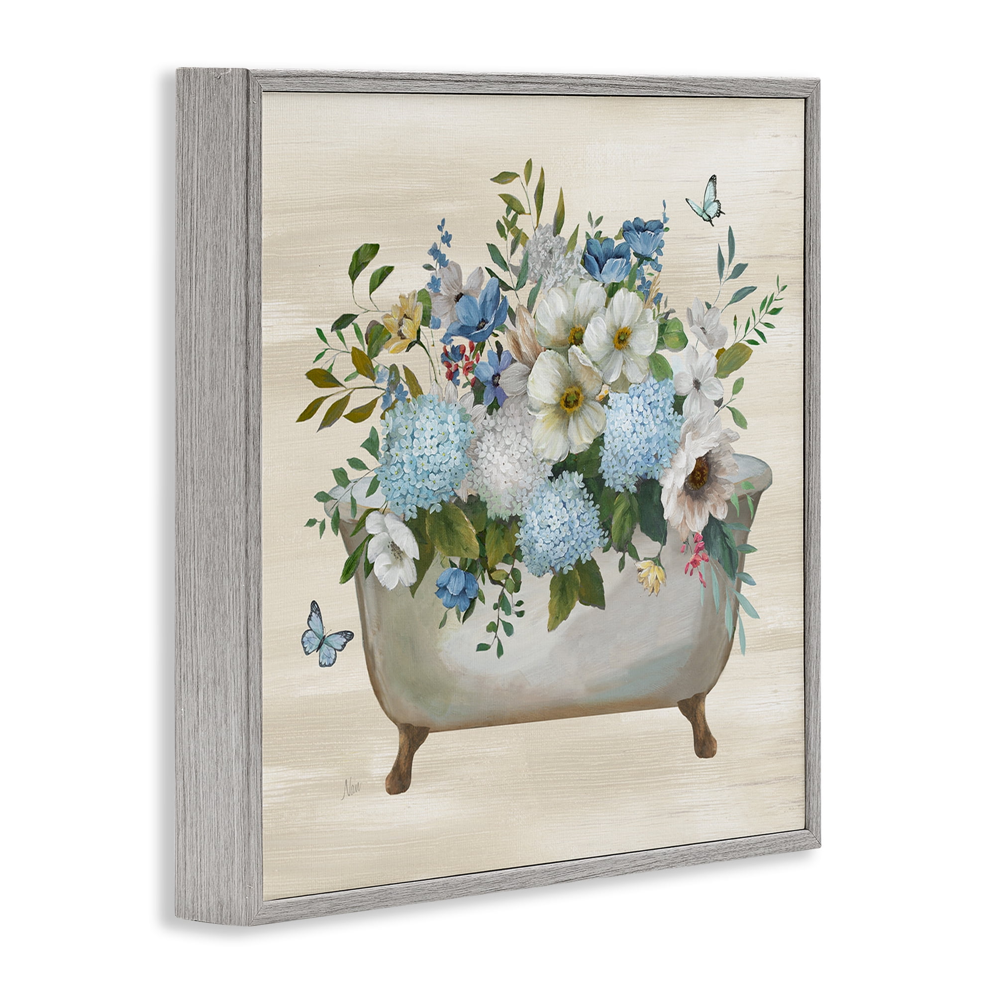 Stupell Industries Full Hydrangea Bathtub Typography Painting Gray Framed Art Print Wall Art, 24 x 24