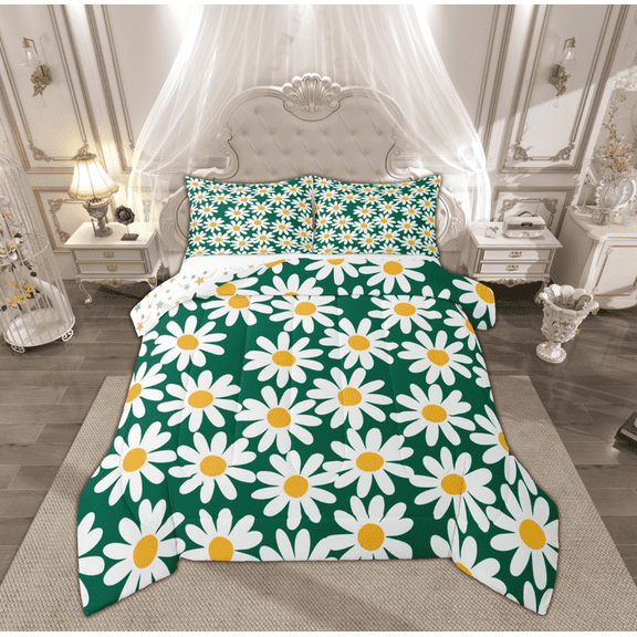 Feelyou Green Groovy Flower Full Size Comforter Sets for Girls, Rustic Daisy Floral Bedding Comforter Set, Vibrant Plant Reversible Bedding Sets, Luxury Bedroom Decor, 3pcs