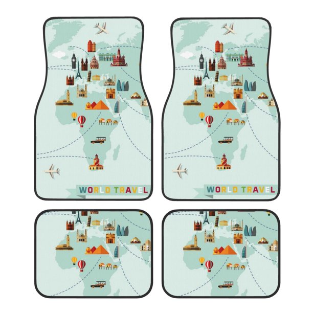 Fotbe World Travel Map Juego de 4 Tapetes para Auto con Estampado – Alfombrillas de Goma Reforzada, Diseño Antideslizante, Protección para Todo el Año – Vehículos, Autos, Camionetas y SUVs
