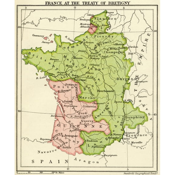 Posterazzi DPI1861827LARGE Map of France At the Treaty of Bretigny From A Short History of the English People by John Richard Green Published by Ma Poster Print, 26 x 32