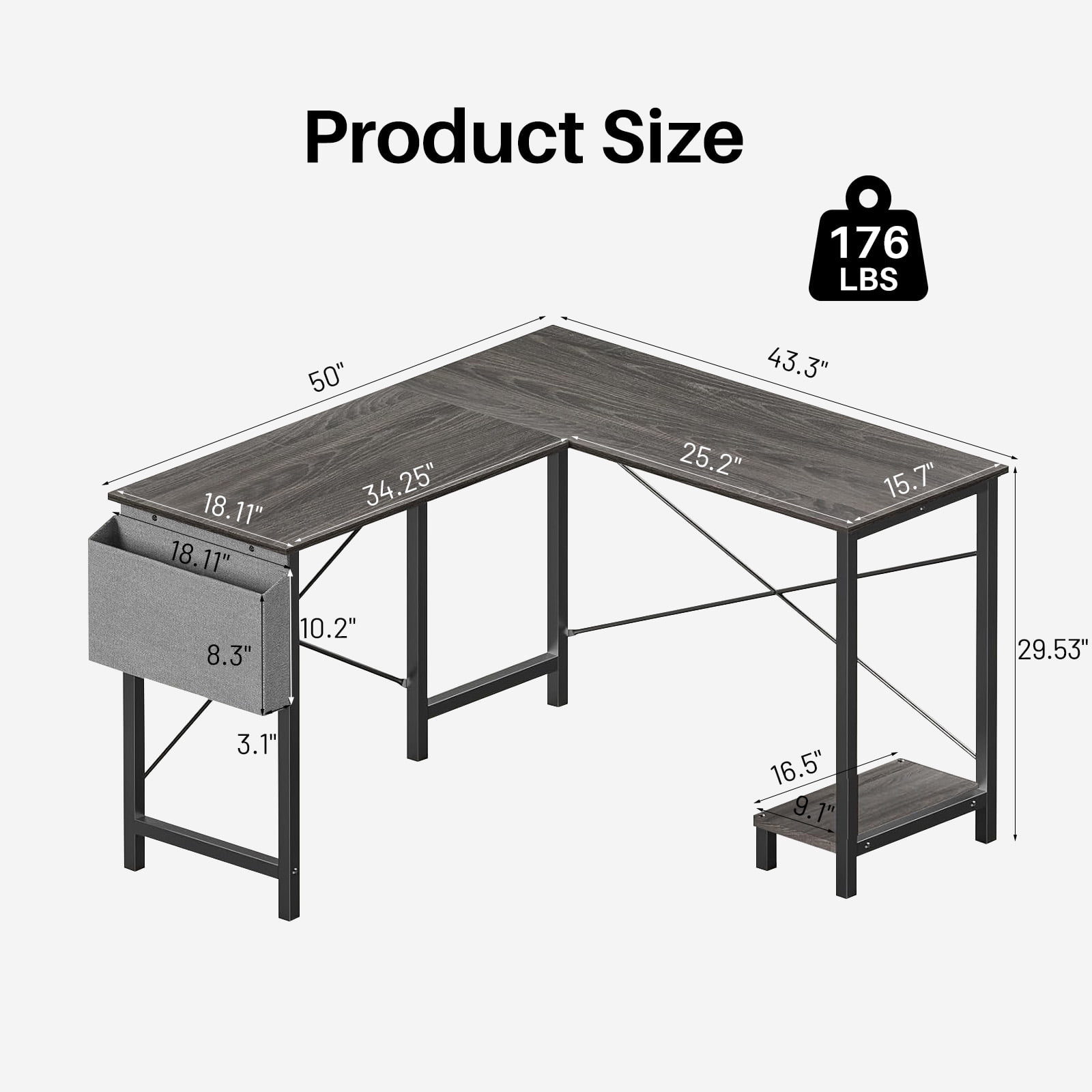 TINKLE WELL 50-inch L-Shaped Computer Desks, Corner Gaming Table with Wooden Desktop, Reversible Design, CPU Stand and Side Bag for Home Office, Study, Gray