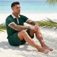 thumbnail image 5 of LTTVQM Mens Daily Wear Waffle Knit Half Zip Polo Tee Elastic Drawstring Shorts Summer Beach Vacation Walking Two Piece Tracksuit Dark Green XL, 5 of 9